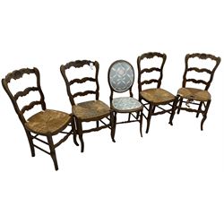 Set of four French hardwood dining chairs, the shaped cresting rail varved with shell, rush seat, on cabriole supports; Victorian beech cameo back chair 