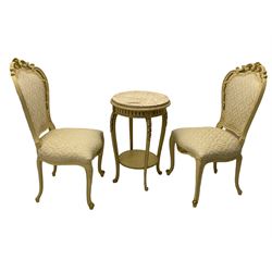 Pair of Italian style chairs, decorated with carved c-scrolls and foliate (H106cm), and circular marble top table on acanthus caved cabriole supports with scroll carved terminals (D49cm, H75cm)