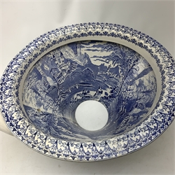 Victorian blue and white transfer printed toilet bowl, the interior decorated with a landscape scene, L50cm 