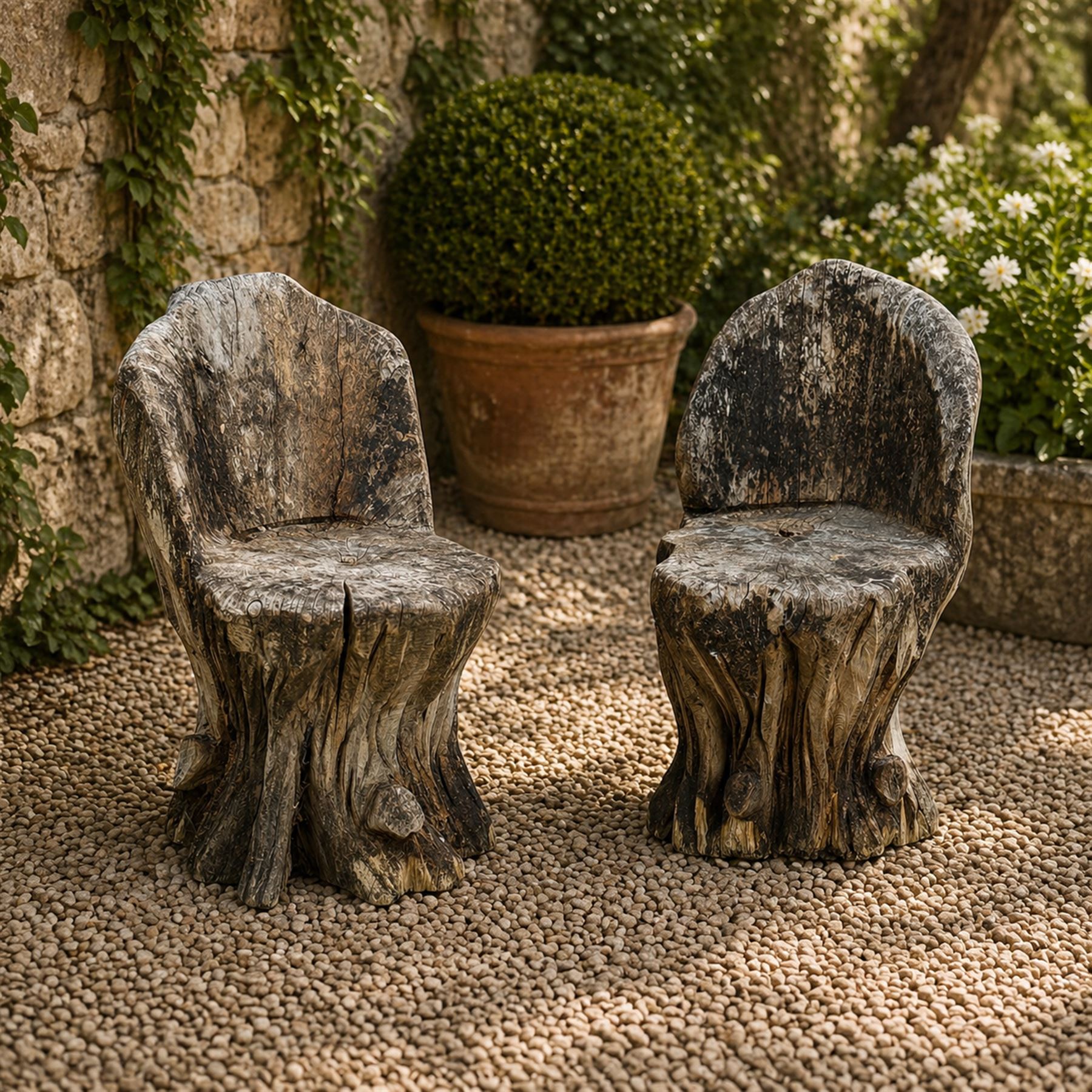Pair of rustic root carved wood garden seat chairs
