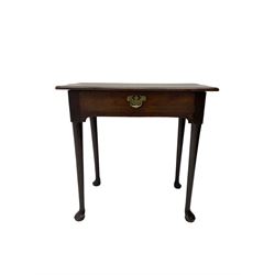 George III oak low boy, fitted with single drawer, raised on tapered supports with pad feet