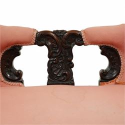 Mid-19th century carved rosewood double-ended settee, double spoon back with central splat carved with C-scrolls and shells, upholstered in pink buttoned fabric, scroll carved arm terminals on shaped supports, on leaf and flower head carved cabriole feet 