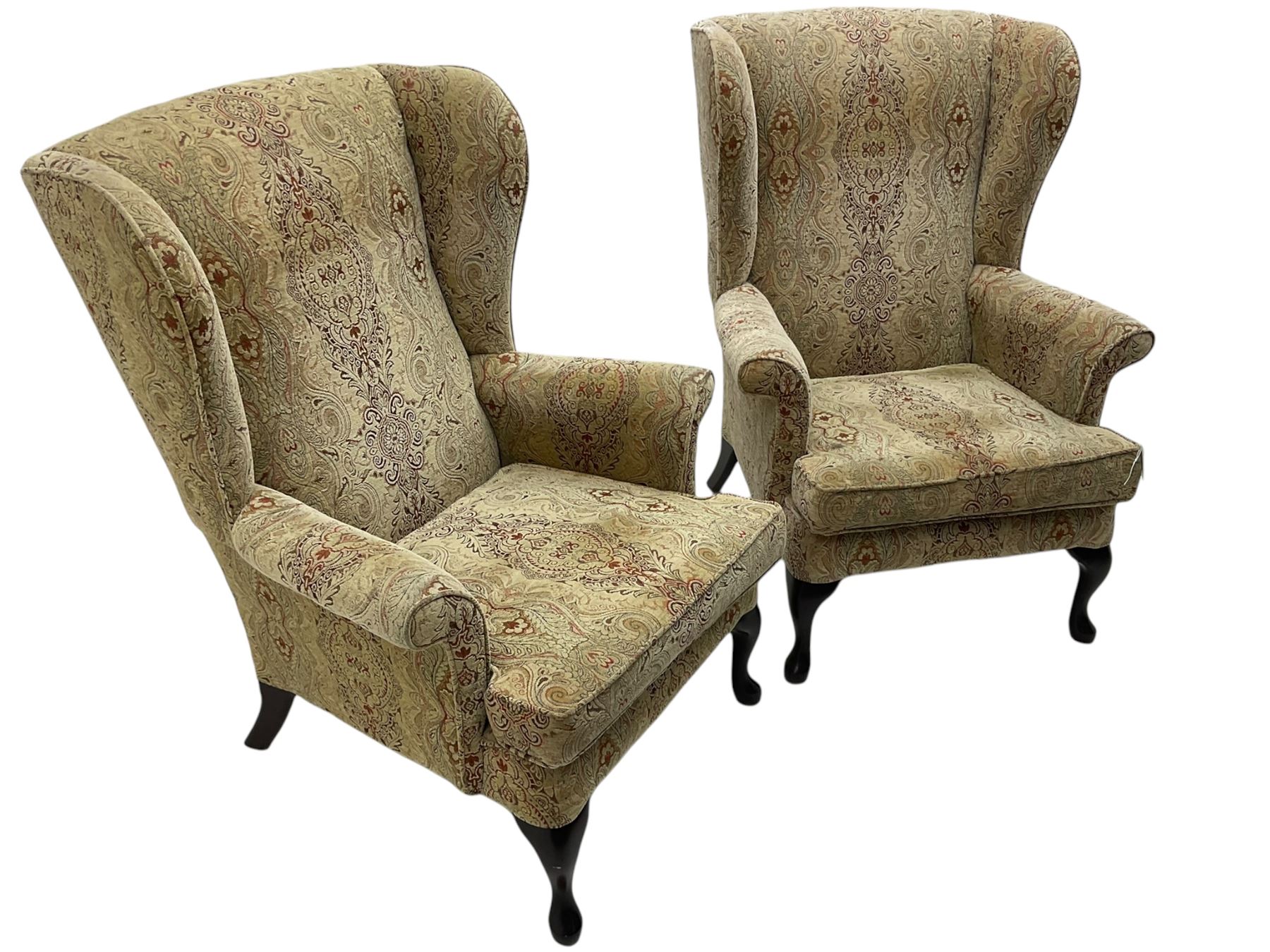 Parker Knoll - 'Burghley' pair of wingback armchairs, upholstered in 'Baslow Medallion' gold floral pattern fabric