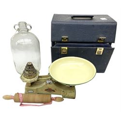 1930s S.I.F scales, twin handled glass wine bottle, and quantity of records