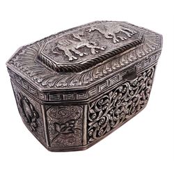 Indian silver box, of rectangular form with canted corners, with pierced foliate panels and chassed and embossed with various motifs including flower heads, scrolls, fish and two camels to the hinged cover, H8.5cm W11.5cm D6.5cm, approximate weight (270 grams)