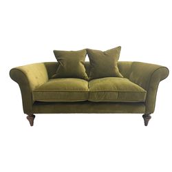 Sofas & Stuff - 'Clavering' two seat sofa upholstered in olive green velvet, scrolled arms, on turned front supports, with matching scatter cushions