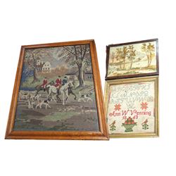 Victorian needlework sampler, depicting the alphabet, dated 1863, together with two needlework pictures, including hunting scene, largest H57cm, W47cm