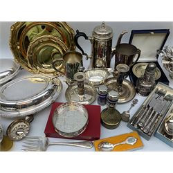 A group of mostly silver plate, to include two Walker & Hall entrée dishes, two chamber sticks, tankards, sauce boat, sifter, coaster, cruets, assorted flatware, etc. 
