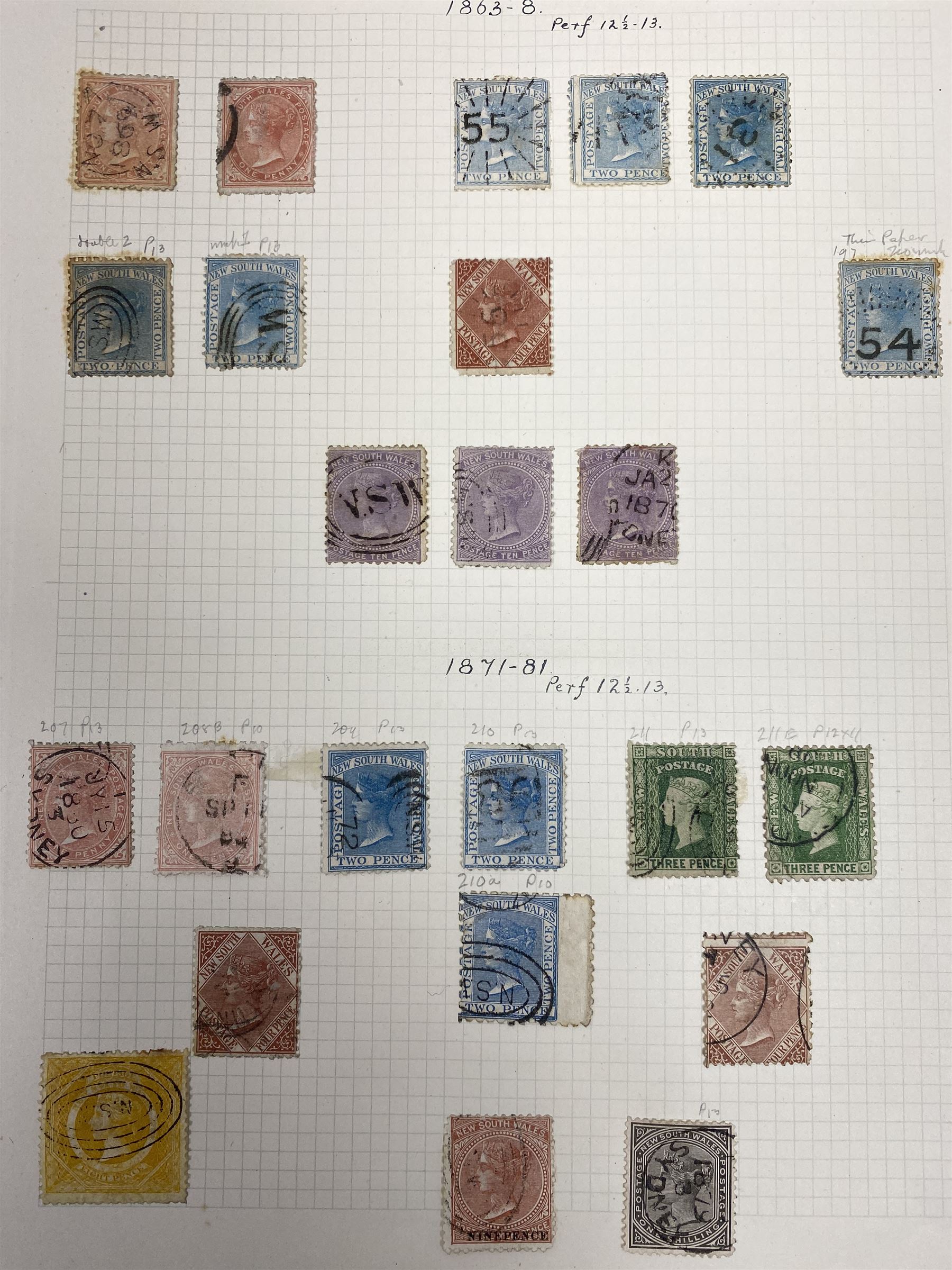 Australia New South Wales stamps, including 1850-4 various imperf issues, 1854-6 including five pence, six pence, one shilling etc, 1856-60 registered letter stamps, 1861-88 five shillings etc, housed on pages