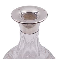 Modern silver mounted cut glass ships decanter, the silver collar hallmarked Charles S Green & Co Ltd, Birmingham 1976, H26.5cm, together with a modern silver mounted glass vase, of slightly tapering cylindrical form etched with ferns and fronds, the silver collar hallmarked London 2001, makers mark W W, H19cm, (2)