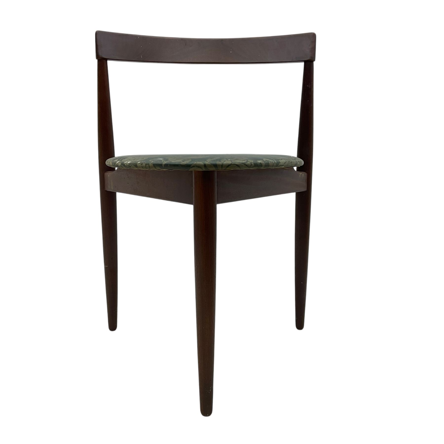 Hans Olsen for Frem Røjle - mid-20th century Danish teak 'Roundette' dining set, comprising a circular dining table raised on four tapering supports, paired with four matching chairs, each with a triangular seat upholstered in floral patterned fabric and raised on three tapering supports