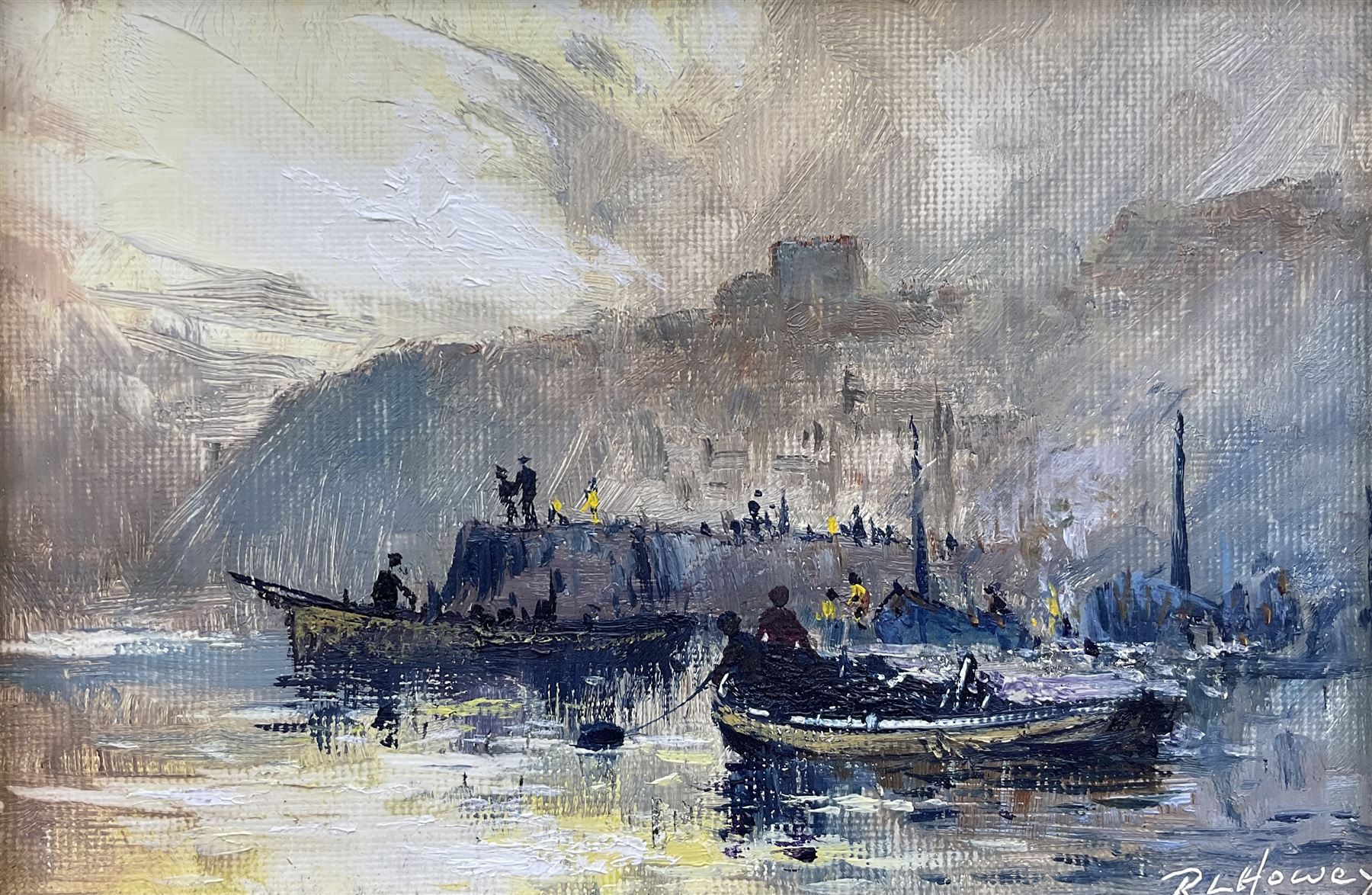 Robert Leslie Howey (British 1900-1981): Cobles off Tate Hill Pier Whitby, oil on canvas board signed 11cm x 16cm