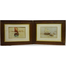  Sailing Vessells at Sea, Edwardian colour print after Charles William Adderton (British 1866-1944) and Fishing Boats at Sea, colour print both in period oak frames 22cm x 33cm (2)  