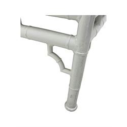 Late 20th century faux bamboo conservatory sofa, white painted frame with geometric openwork back and sides, loose cream cushions, on cylindrical supports (W134cm, D76cm, H80cm); matching armchair (W75cm, D76cm, H80cm); matching coffee table with glass insert (W46cm, D45cm, H36cm)