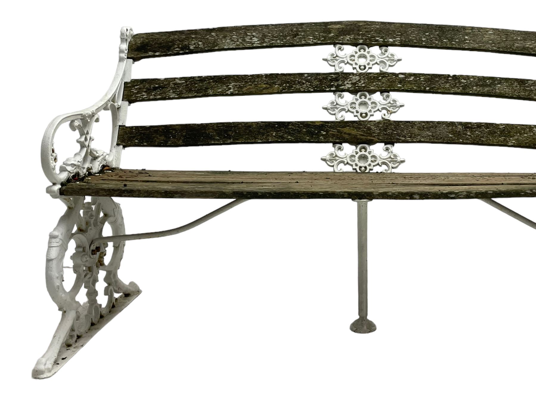 Late 19th century white painted cast iron and wood slatted garden bench, the bench ends in the form of S-scroll mythical beasts with paw feet, central cartouche surrounded by extending trailing foliage, the back slats divided by scroll cast splats, central seat support 