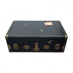Frenchs Luggage leather bound cabin trunk, blue with brass coloured fixtures and various t...