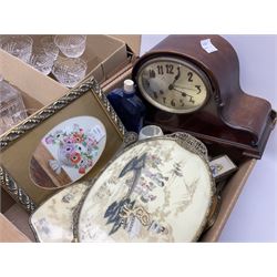 Stuart Crystal Hardwicke pattern glasses, silver mounted glass tray stamped Birmingham 1909, silver collared bottle, pukeberg of Sweden owl paperweight, decanter, mantel clock, dressing table brush set etc in three boxes