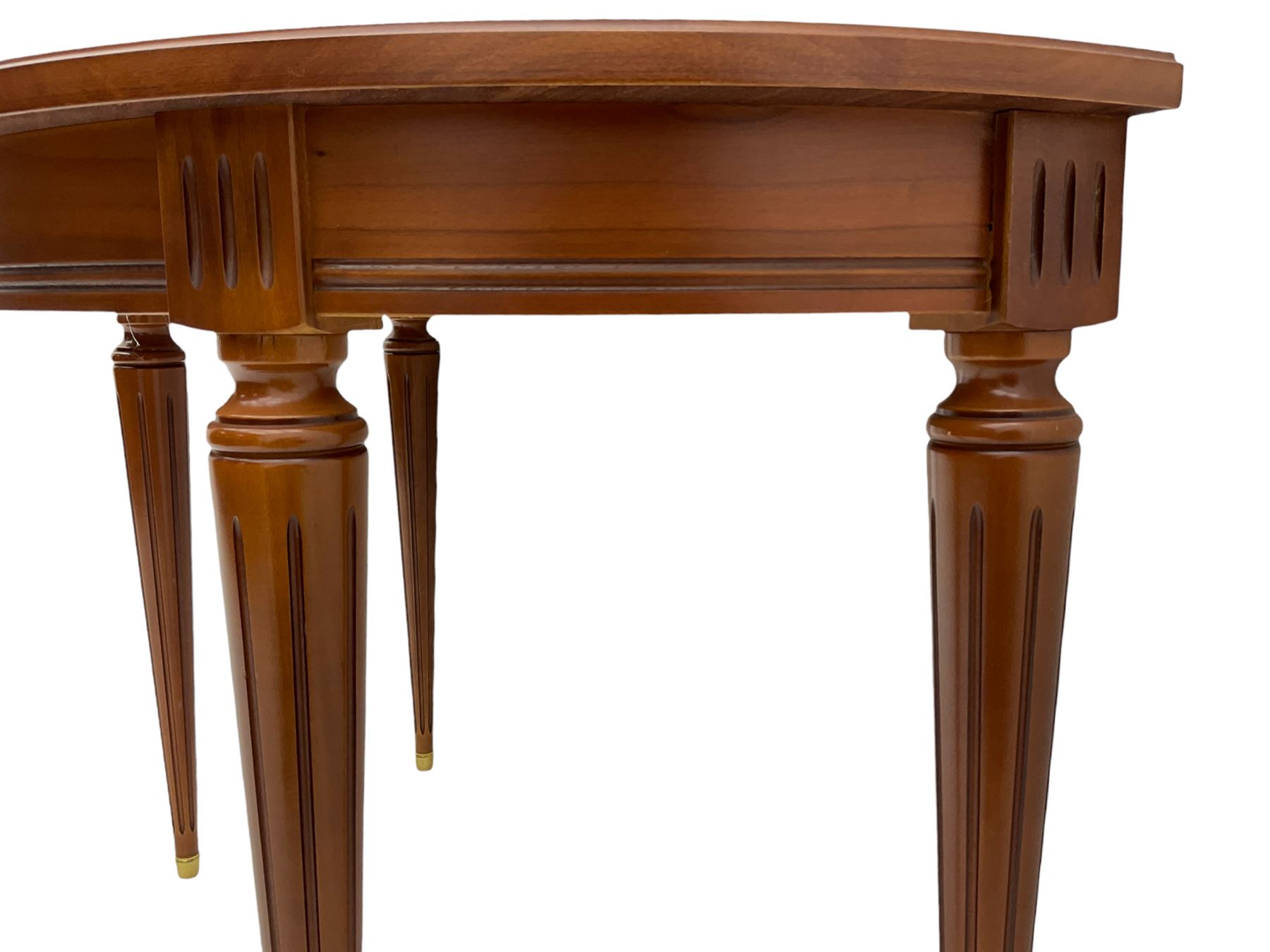 Contemporary cherry wood demi-lune console table, on tapering turned supports with fluting