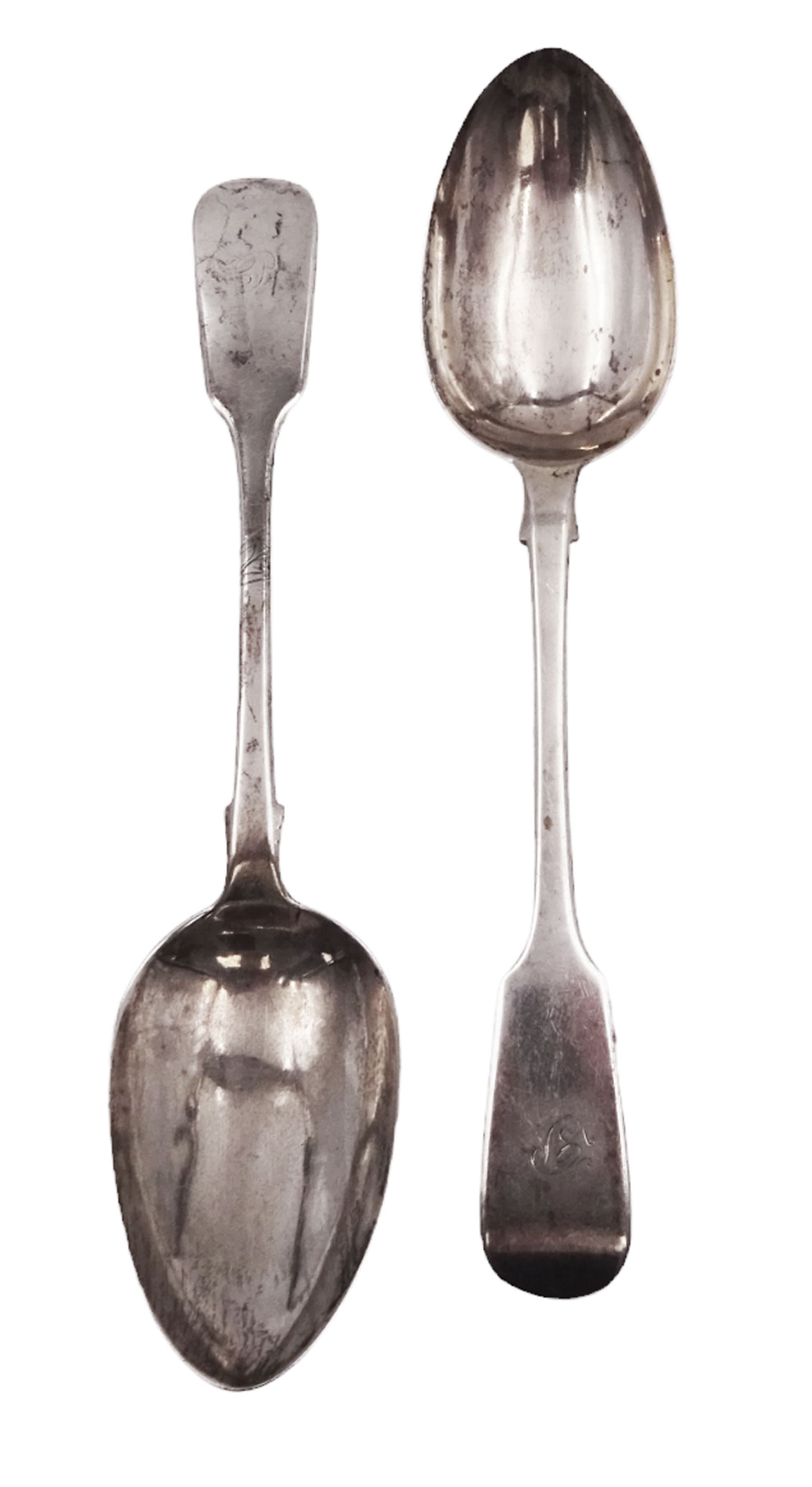 Pair of Victorian Exeter silver Fiddle pattern table spoons, hallmarked Robert Williams & Sons, Exeter 1851
