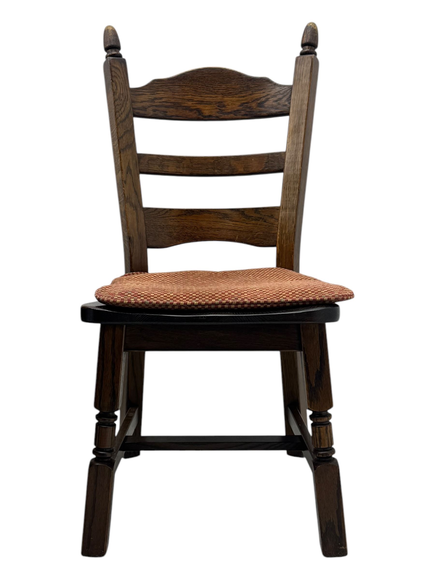 Mid-20th century Dutch oak dining table, rectangular top raised on square supports with tapered sections; four ladderback dining chairs, on turned supports with H-stretchers