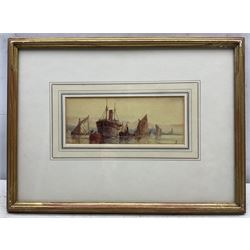 Frederick James Aldridge (British 1850-1933): Ships Moored at Sunset, watercolour signed with monogram 7cm x 17cm