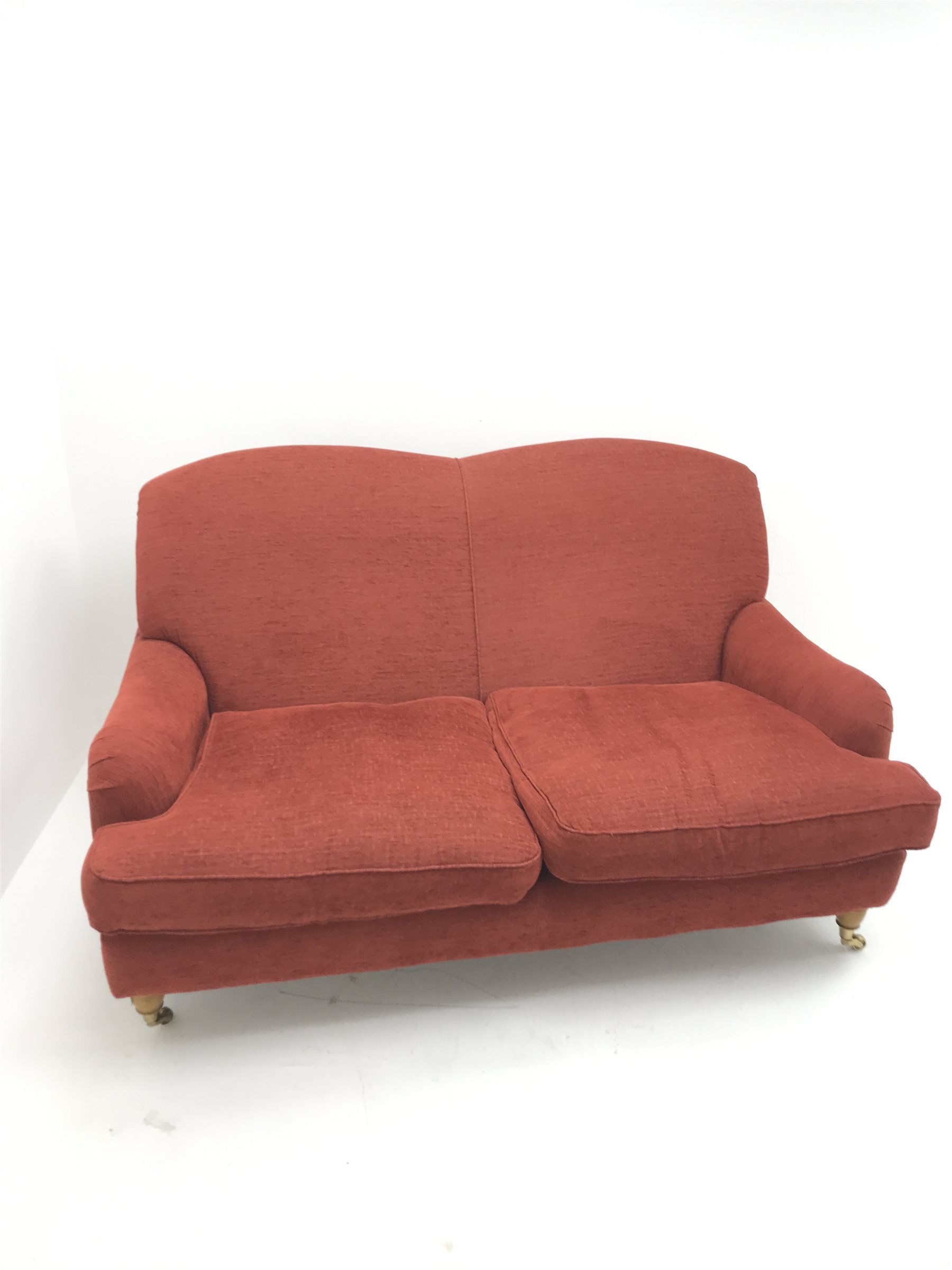 Laura Ashley Twickenham three seat sofa upholstered in a red fabric, turned supports (W188cm) and matching two seater (W160cm)