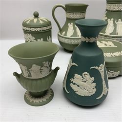 Collection of  Wedgwood green Jasperware, to include large jug, vases, trinket dishes, etc together with two teal Jasperware vases 