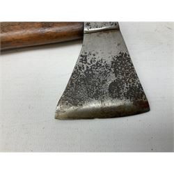 Early 20th century ceremonial Tomahawk pipe, steel axe head with pipe bowl, drilled drawing shaft, 46cm