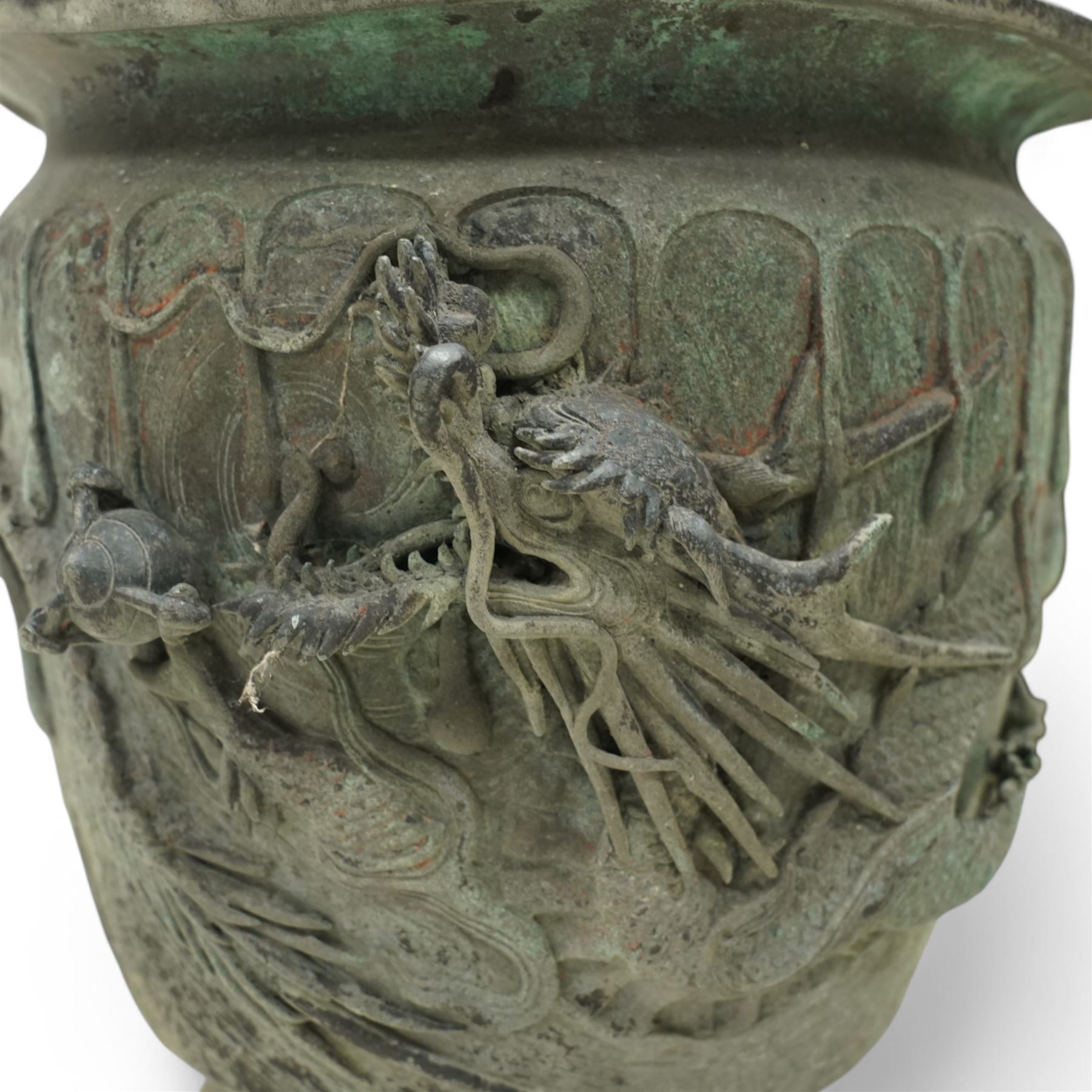 Late 19th/Early 20th Japanese bronze jardiniere, decorated with a raised pattern of dragons chasing flaming pearls H35cm x D36cm