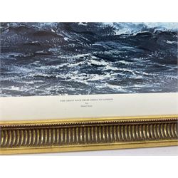 After Henry Scott: 'The Great Race from China to London' colour print together with large print diagram of a trawler, two other marine prints and a print of a WWII Halifax unit max 68cm x 108cm (5)