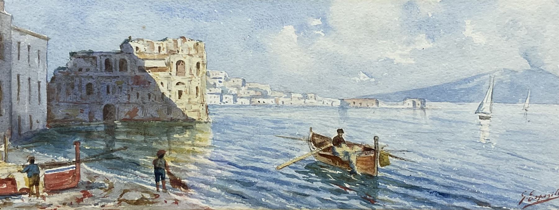 G Esposito (Italian Early 20th century): 'Naples' Bay with Vesuvius in Distance, watercolour signedm titled on mount 12cm x 31cm