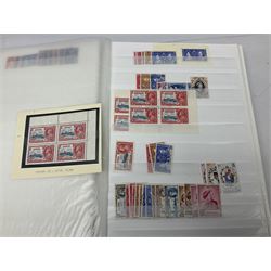 King George V Silver Jubilee stamps 1910-1935 including Bermuda marginal mint block of four, Virgin Islands marginal mint blocks of four including variations/errors, other similar blocks of four etc, various Royal Silver Wedding 1948 stamps, King George VI Victory 8th June 1946, Queen Elizabeth II Coronation etc, housed in a stockbook