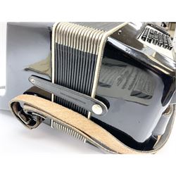 GDR Firotti piano accordion with black and silver case, sixteen keys and forty-eight buttons L38cm; in simulated reptile skin case with sheet music