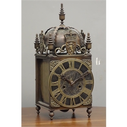  Early 20th century lantern style mantel clock, twin train movement striking the hours and half on bell, recently serviced 27/2/18 (with receipt), H39cm  