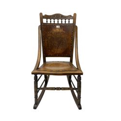 Victorian beech rocking chair, shaped cresting rail with spindle supports, studded and patterned beech seat and back, turned supports and stretcher