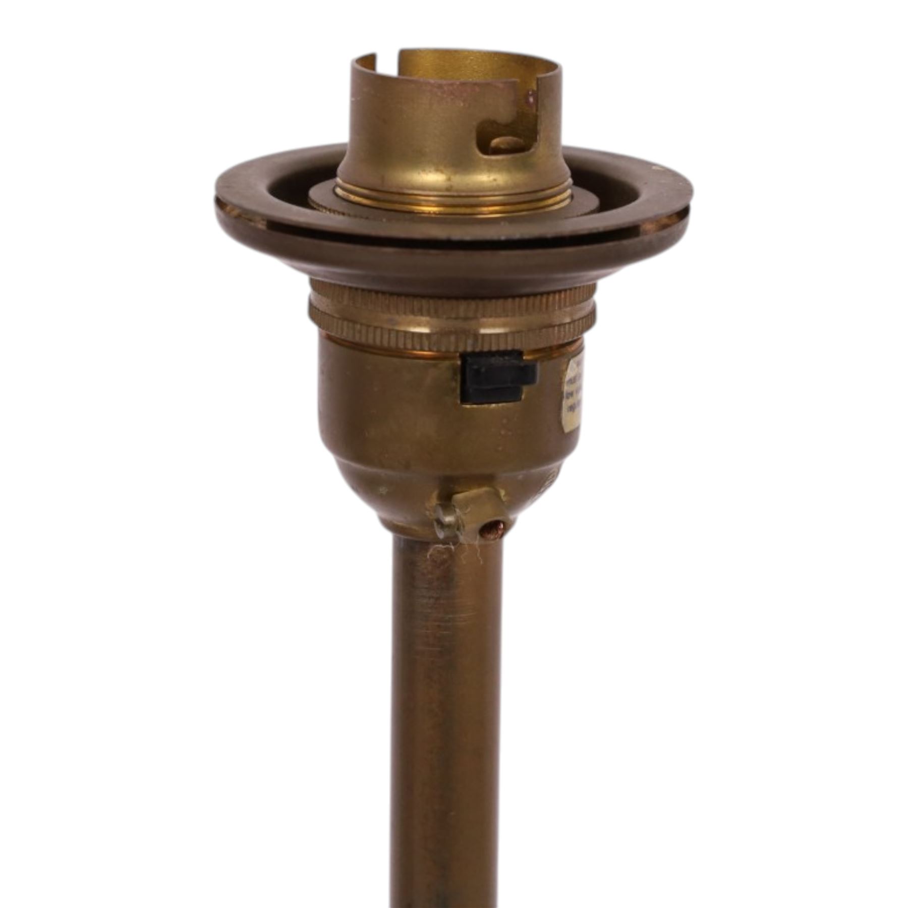 Early 20th century brass table uplight lamp with etched glass shade with fluted rim, H76cm