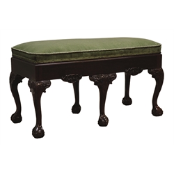  Late 20th century mahogany duet piano stool, hinged upholstered top, on six acanthus leaf carved cabriole legs with ball and claw feet, by Stuart Gott of Pickering/Sawdon, W100cm, H55cm, D44cm  