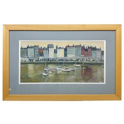 Margaret Parker (Northern British 1925-2012): Harbour Scene, oil on board signed 24cm x 50cm