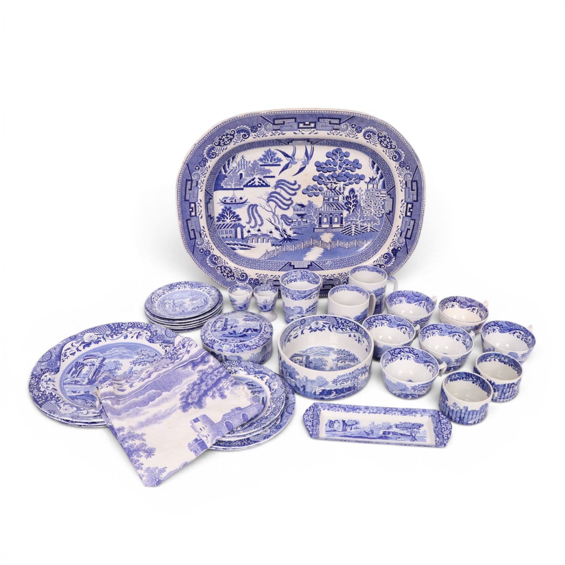 Collection of Spode Italian pattern, including two mugs, six cups and saucers, covered trinket dish, two egg cups etc, together with Willow pattern serving platter