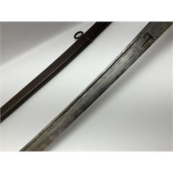 19th Century German (Saxony) Cavalry Sword, the 90.5cm single edge curved steel blade with narrow fuller to the back edge at each side, engraved with a crowned AR monogram and coat of arms, stamped with crowned AR, the back edge engraved C.v Keller im Solingen 1862, the brass half basket hilt with three flat curved bars, applied badge missing, marked G.R. 4, with ribbed leather covered grip and leather finger strap; in steel scabbard with two fixed suspension rings to one side and stamped G.R. II 118; L109.5cm overall