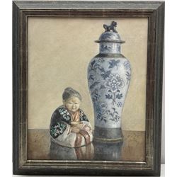 RTV - E Prynne (20th century): Chinese Vase and Figure, oil on board signed 29cm x 24cm