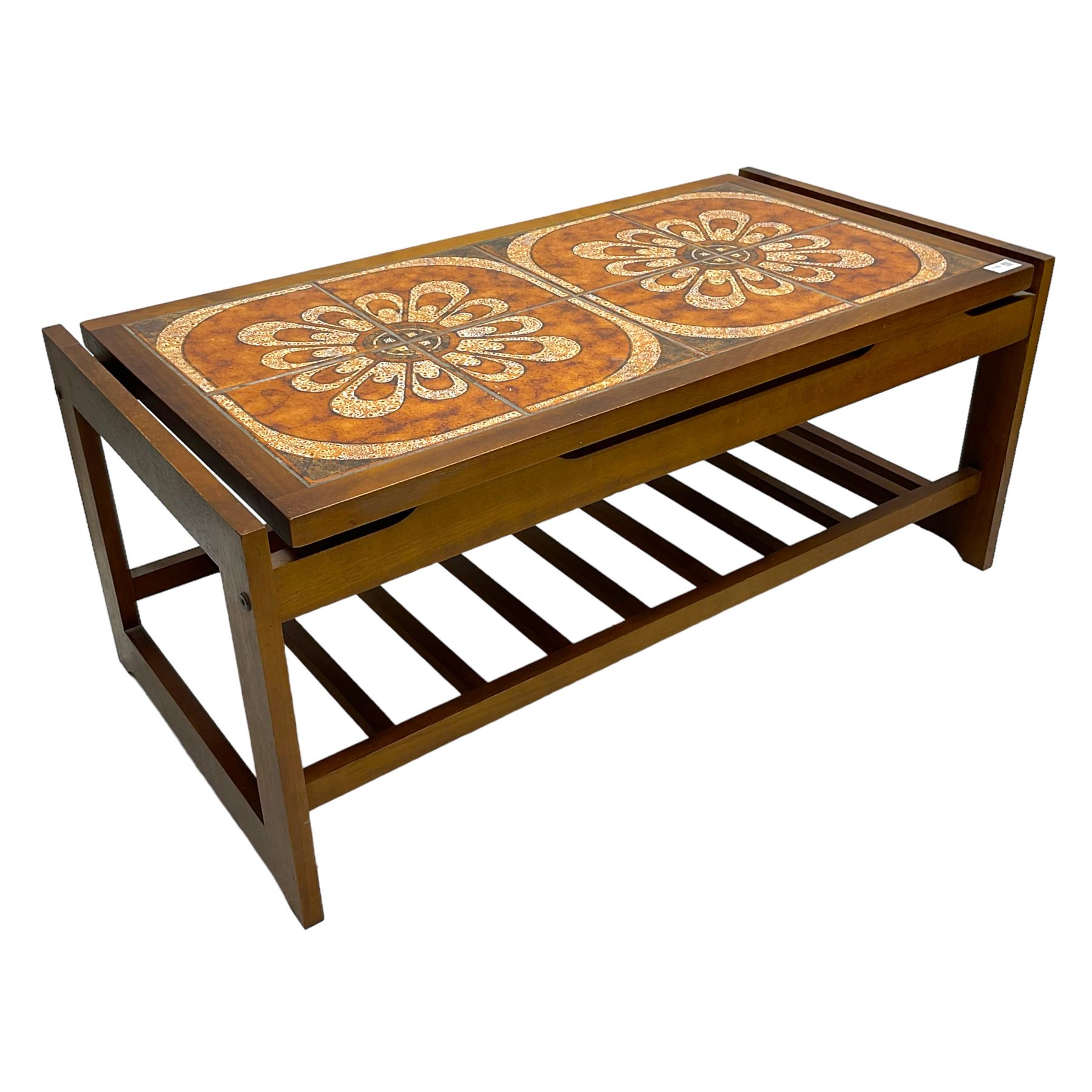 Mid-20th century teak coffee table, rectangular top with inset tiled surface over slatted undertier