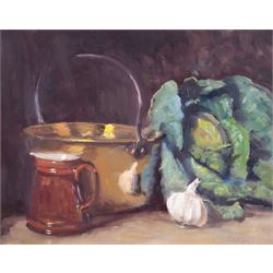 Neil Tyler (British 1945-): 'Brass Pan and Cabbage', oil on canvas signed, titled verso 40cm x 50cm 