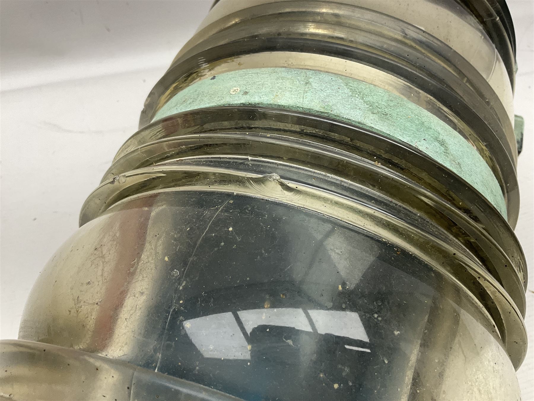 Two port and starboard brass lamps, each with a plaque marked 'Noack as Lanterne KL.A Serie 700 Type 704D Babord', ribbed green and red glass shades, H44cm