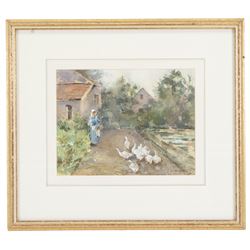 Edward Arthur Walton (Scottish 1860-1922): Girl Feeding the Ducks, watercolour heightened with white signed 20cm x 27cm 