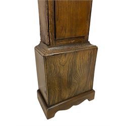 Jeremiah Henderson of Scarborough - 8-day longcase clock in an Elm case c1765,  with a flat top and broad cornice, square hood door flanked by two plain turned pilasters with gesso capitals, long trunk with a conforming door and break arch top, square brass dial with a matted centre, cast spandrels and ringed winding holes, silvered chapter ring with Roman numerals, five minute Arabic's, minute track and finely pierced matching steel hands, dial pinned to a rack striking movement with an anchor escapement. With weights and pendulum. Jeremiah Henderson was the son of Robert Henderson, the first recorded clockmaker in Scarborough. 