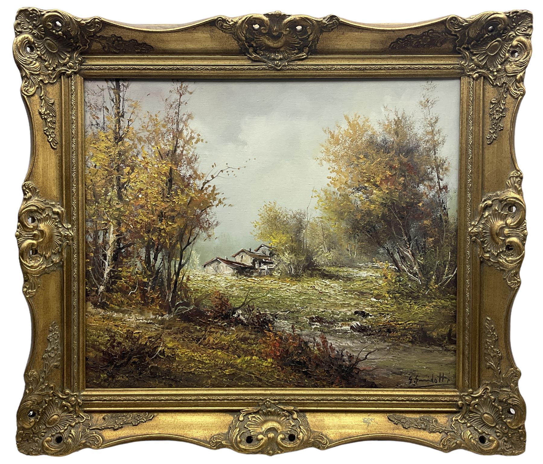 Karl Schmidbauer (Austrian 1921-1998): Lake Landscape, oil on canvas signed 50cm x 60cm; Continental School (20th century): Rural Landscape with Cottage, oil on canvas indistinctly signed 49cm x 60cm (2)