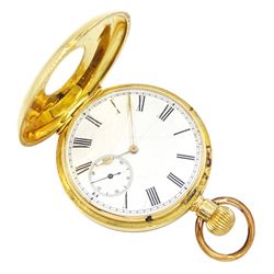 19th / early 20th century 18ct gold half hunter keyless lever pocket watch, white enamel d...