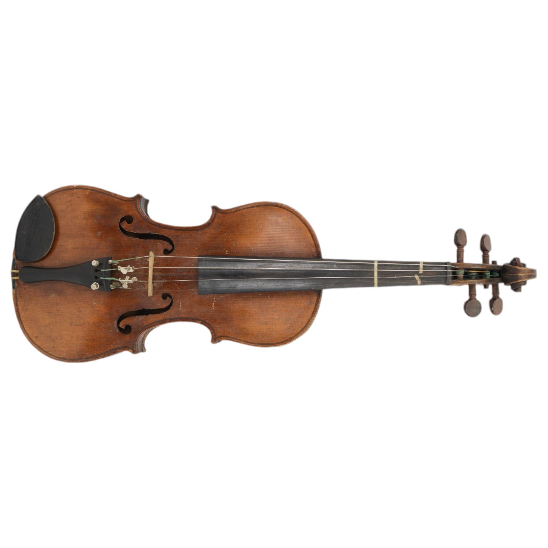 19th century full size violin in a hard case with bow. Length 60cm, scroll with ebonised pegs and fingerboard, with tailpiece and bridge.