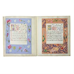  'Trust in God and A Summer Song of Praise' - Vellum bound volume containing fourteen pages of verse and prayers illuminated by Annie B Pratt 1860, all hand coloured, the boards lined in watered silk, red leather box binding with silver clasp hallmarked for London 1888 with makers mark of William Amaziah Ellwick 